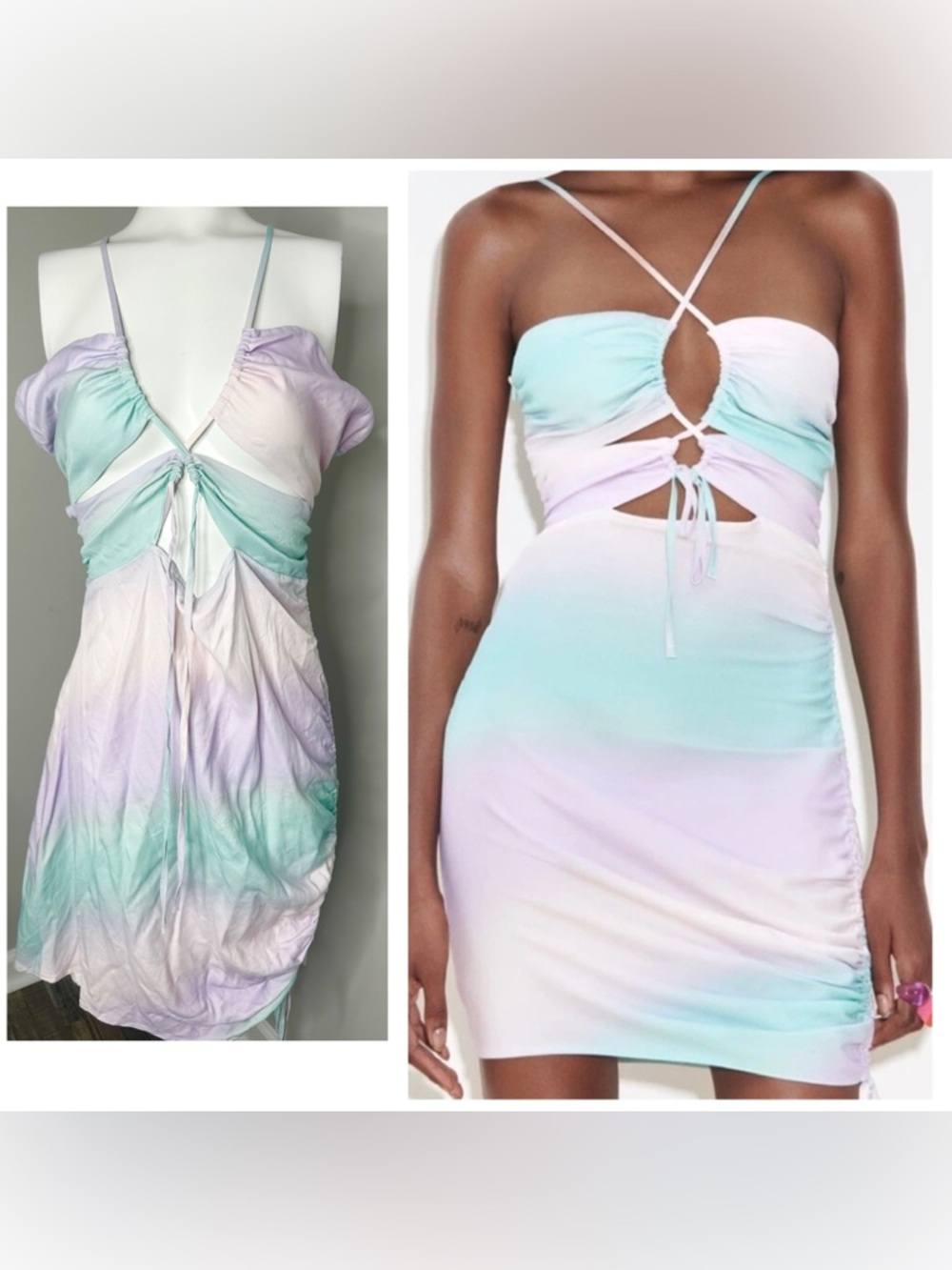 Zara Pastel Tie-Dye Cutout Bodycon Dress - Mint, Lavender 2X NWT
